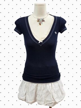 Abercrombie vintage navy blue ribbed short sleeve lace detail stretch baby tee